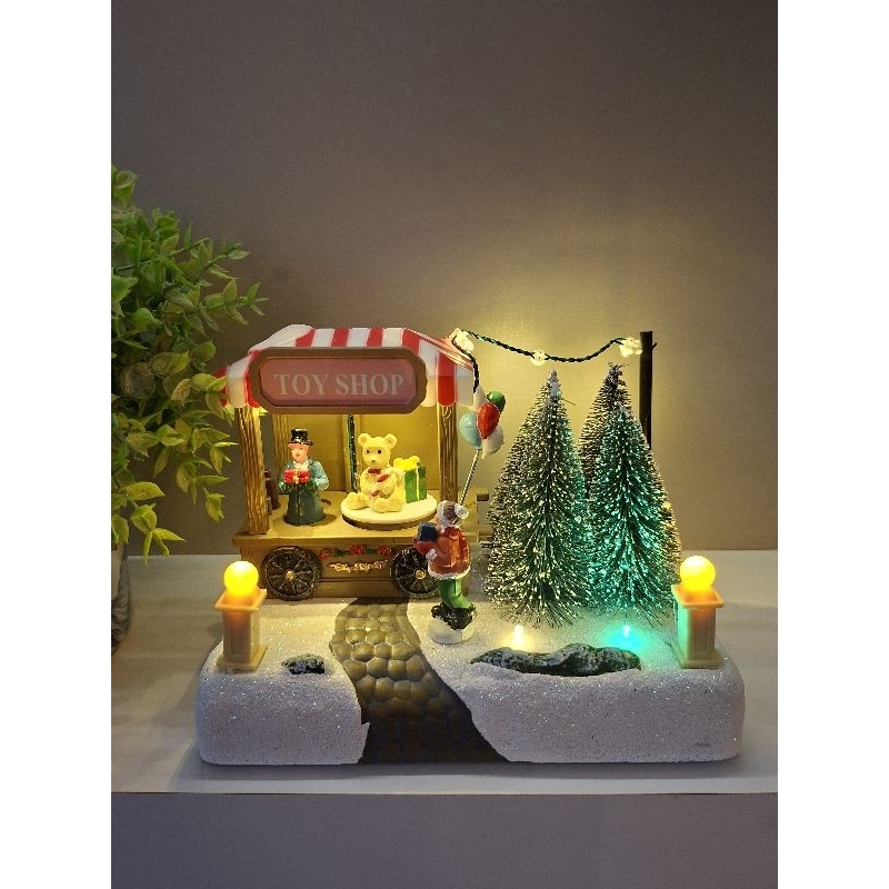 Cenário Vila Natalina Luz Som Movimento Decorativa Musical Papai Noel Natal Casa Sala Quarto Escritório Mesa Rack Resina