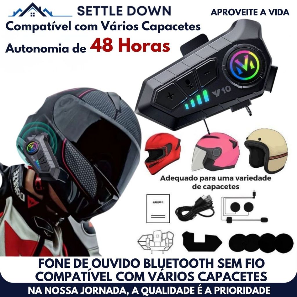 Fone de Ouvido Bluetooth Sem Fio Y10 para Moto - Bluetooth 5.3, Kit Capacete, Intercomunicador e Impermeável em Oferta na Shopee