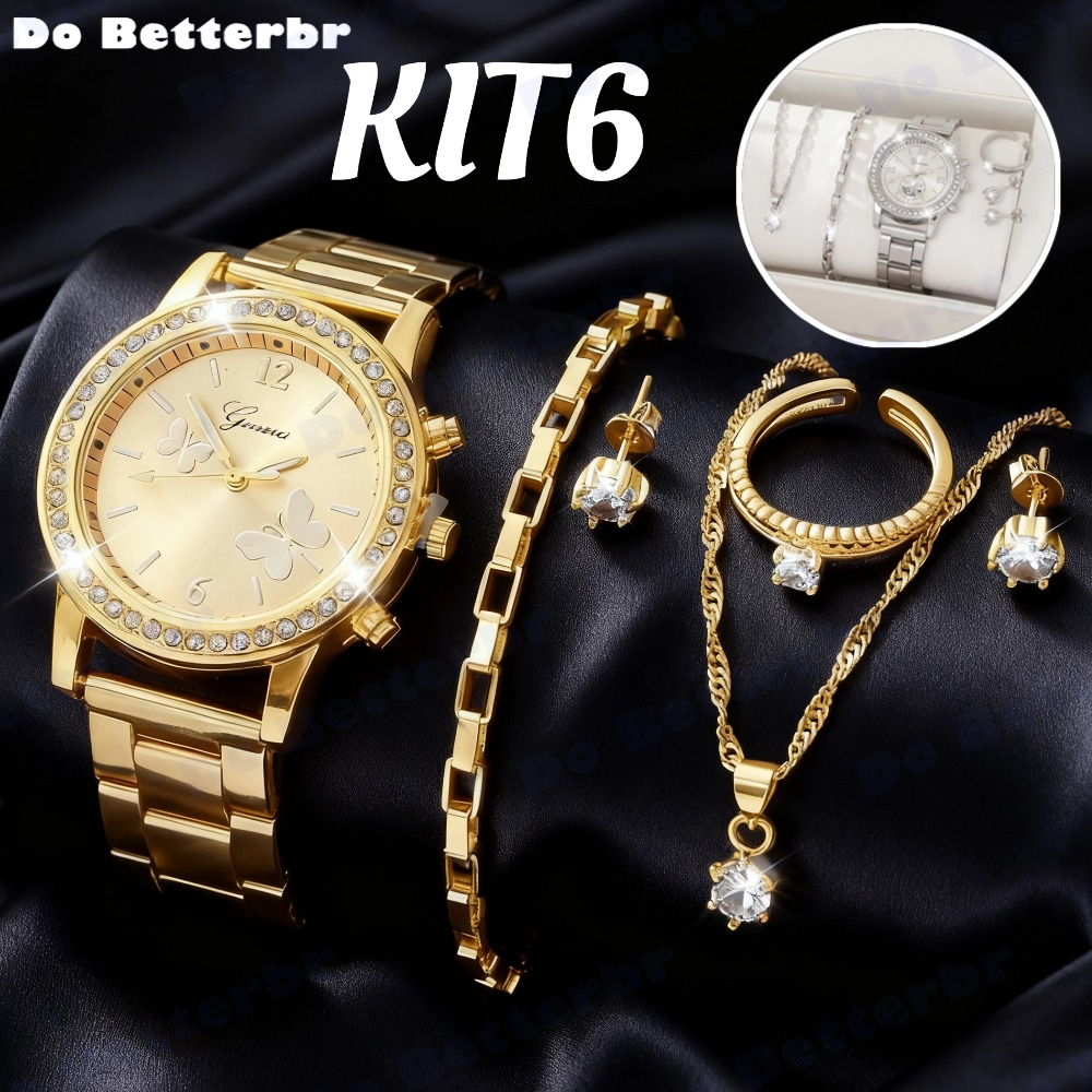 Conjunto 6PCS Relógio Mulher Moda Quartzo Borboleta Marca De Luxo Desenho Senhoras Pulseira De Aço Inoxidável
