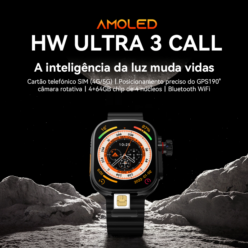 Smartwatch  Howear hwultra3call  Global Tela AMOLED 1.97" GPS 5 Satélites Oxímetro e Bateria de até 26 Dias