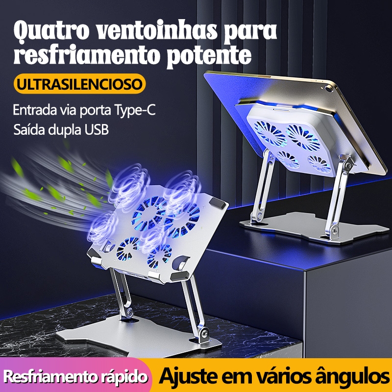 Suporte de Mesa Giratório X16 com Cooler -Suporte Dobrável de Liga de Alumínio com 4 Ventiladores para Notebook e Tablet