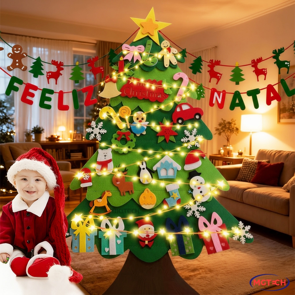 Árvore De Natal Montessori Em Feltro Com 32 Apliques E Luzes Decoração Banner De Natal Amb...