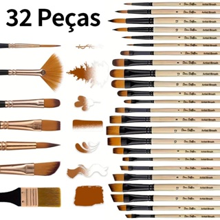 Kit 32 Peças Pincéis De Pintura Para Acrílica, Cerdas De Nylon Premium Com Redondo, Filbert, Plano, Ventilador em Oferta na Shopee
