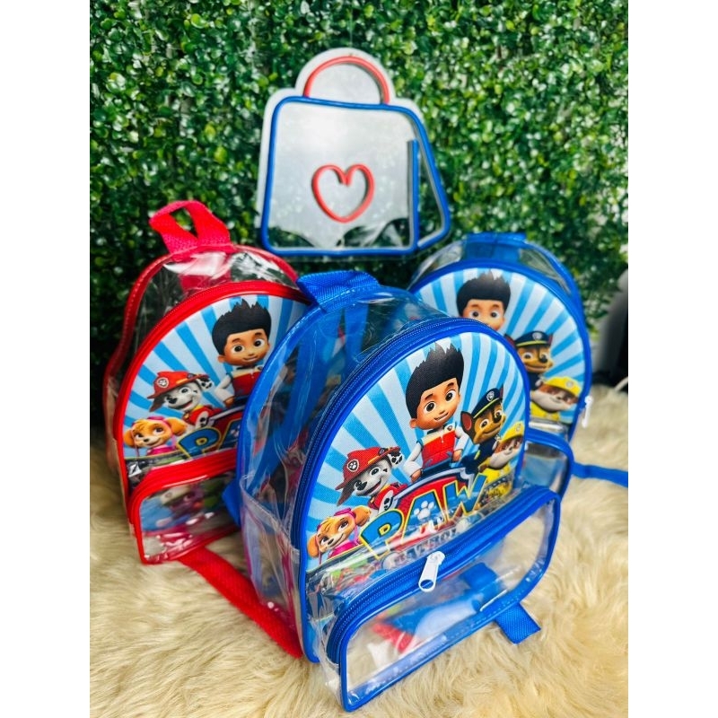 kit 5 mochilas com bolso plástico cristal personalizado Lembrancinha infantil QUALQUER TEMA