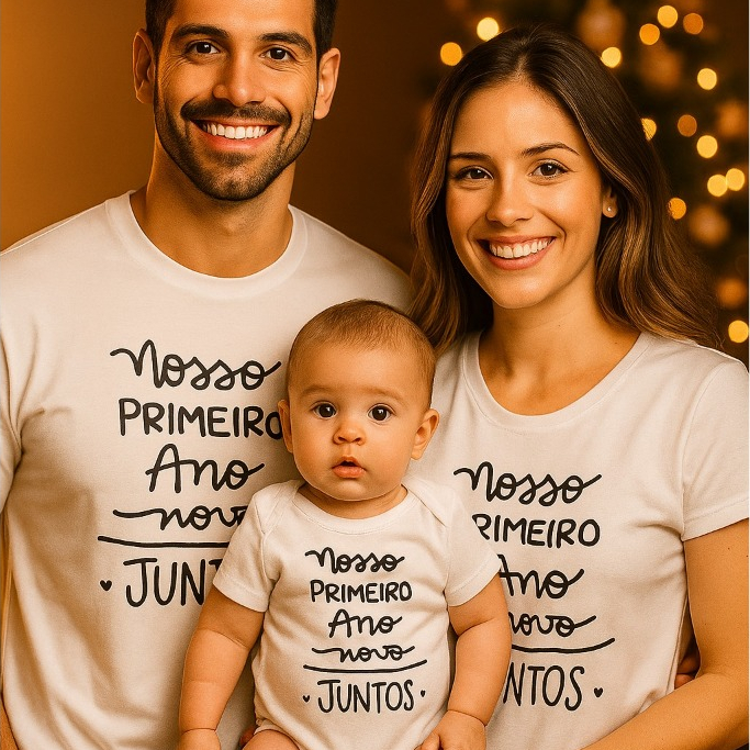 Kit Família Nosso Primeiro Ano Novo Juntos Camiseta Body Meu Primeiro Ano Novo em Família Tal Pai Mãe e Filho