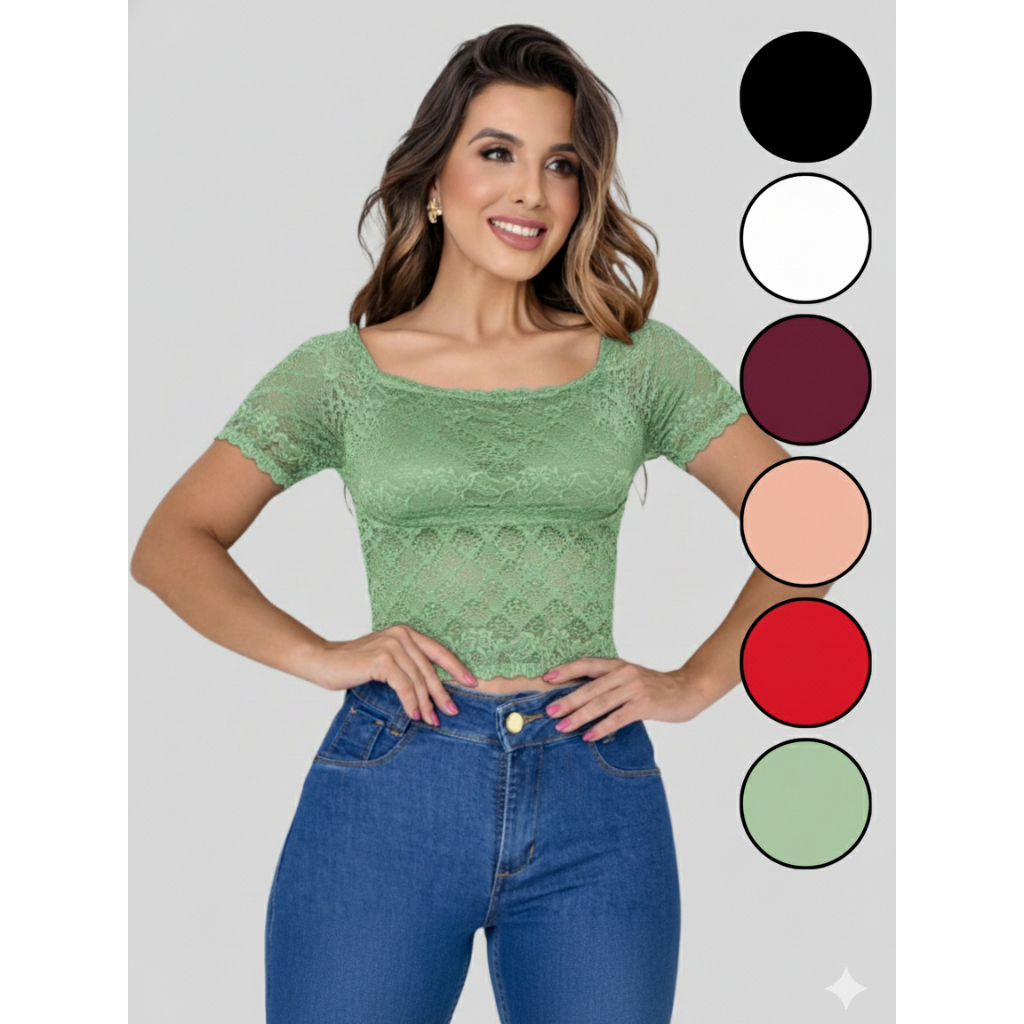 Blusa Cropped Renda Top Blusa Feminina Renda Rendado Manga Curta Ombro a Ombro várias cores