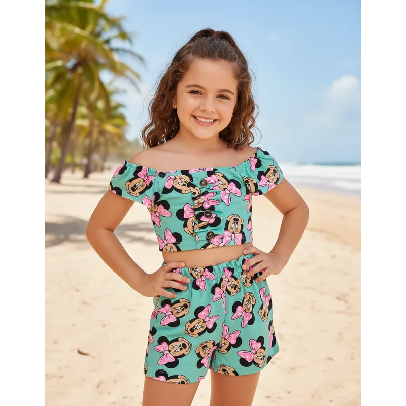 Kit Conjunto Infantil Menina Verão 4 Peças Sortido Estampas Lindas Confortável Veste Bem