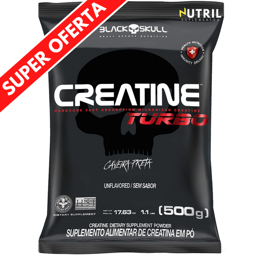Refil Creatina Turbo Monohidratada Black Skull 500g - Creatine Caveira Preta Refil