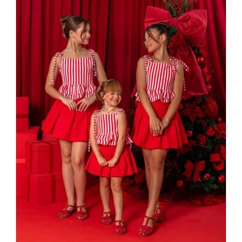 Combinadinho infantil short saia e blusa Peplum listras Festas
