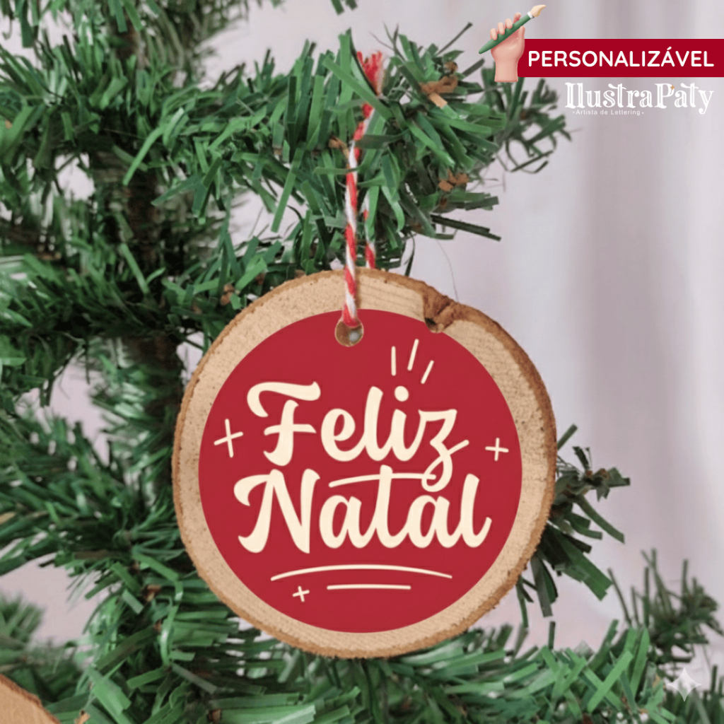 Pingente Natalino pra Árvore Enfeite de Natal | Bolacha de Madeira Personalizado Rústico 8cm Redondo