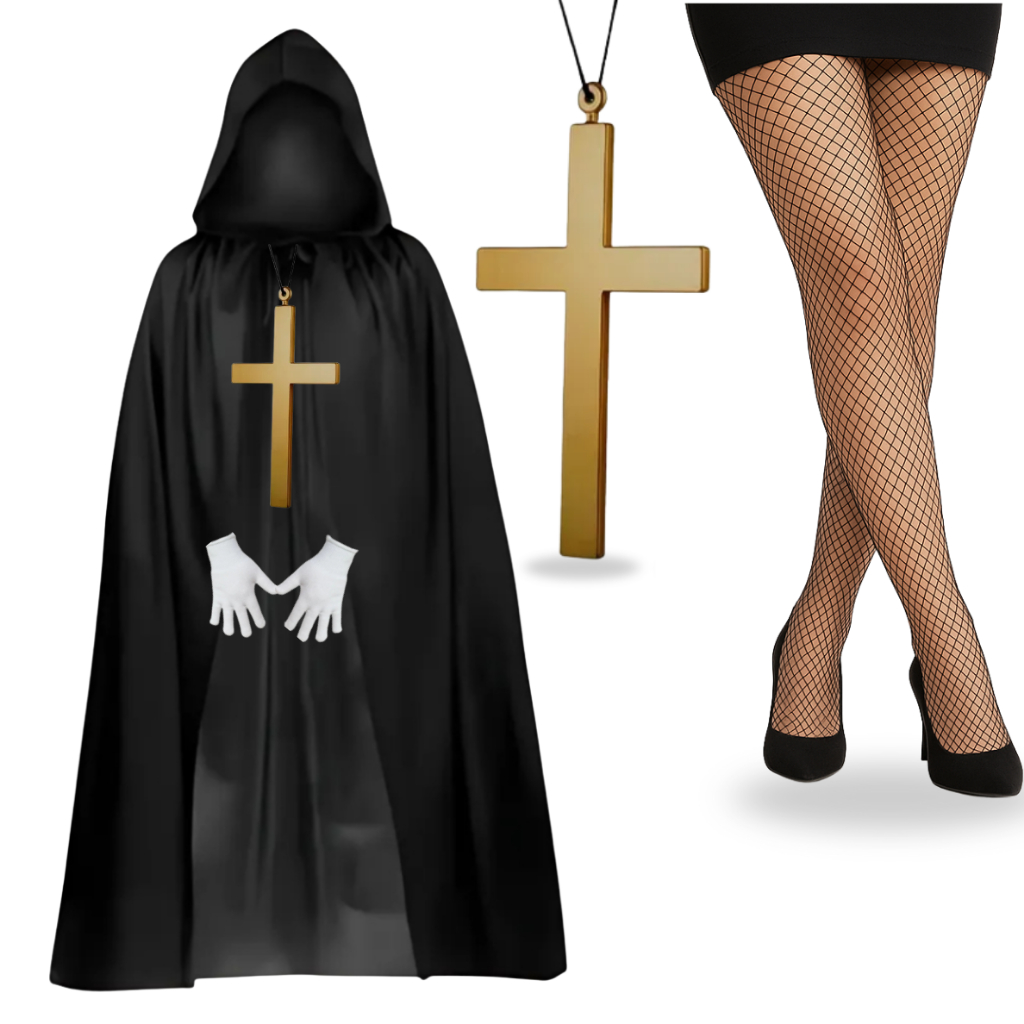Fantasia Feminina Freira do Mal Com Acessórios Capa Luva Meia Crucifixo Invocação do Mal Halloween