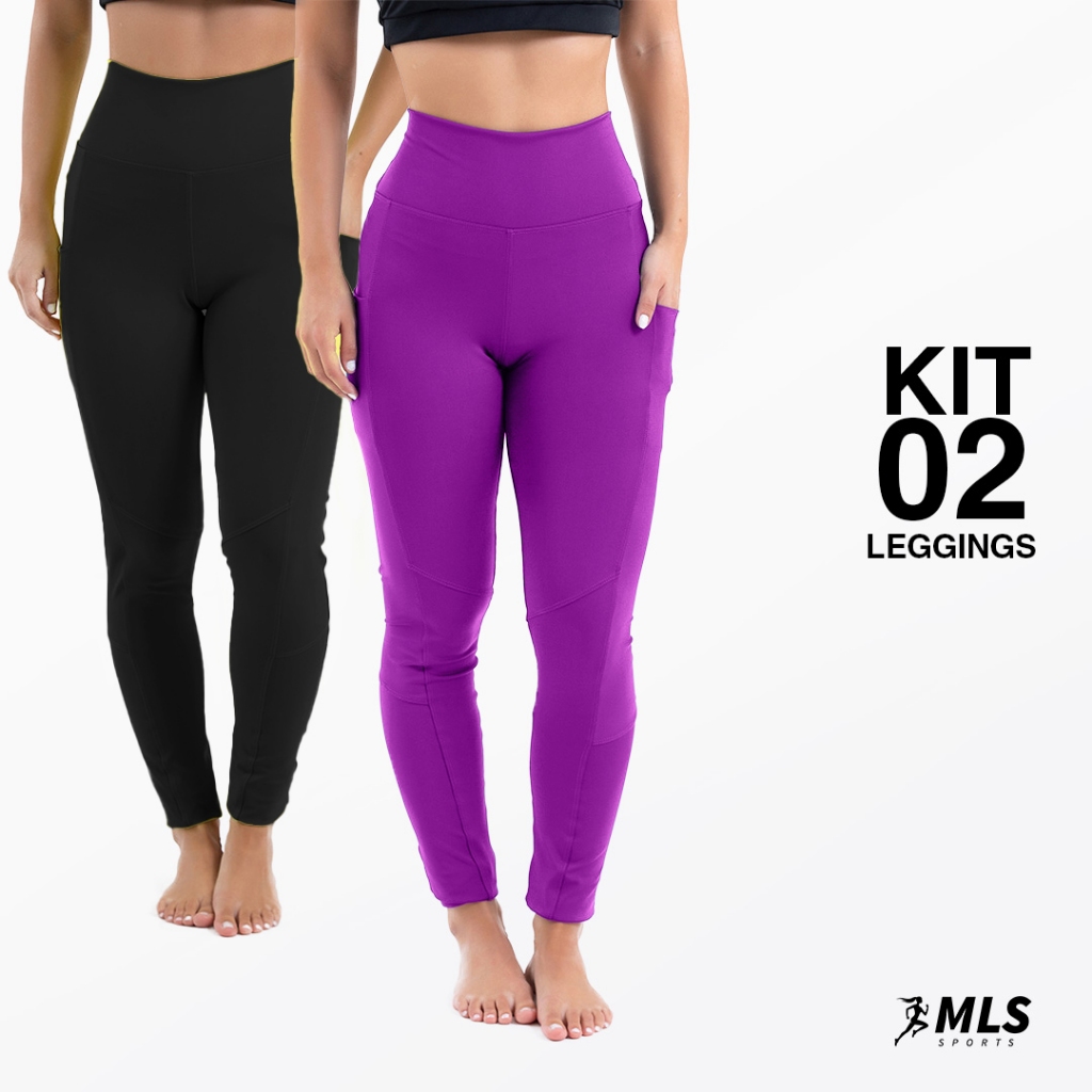 Kit 2 Leggings com Bolso Academia Feminina Cintura Alta Compressão Zero Transparência Fitness