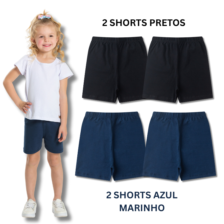 Kit Bermuda Ciclista Escolar Preta e Azul Marinho Menina/Feminina Infantil e Juvenil - Shorts Liso