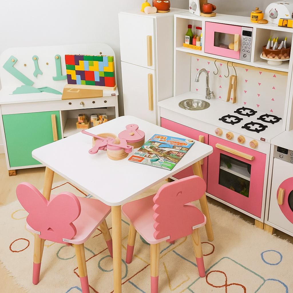 Combo Completo Brinquedoteca Pequeno Madeira Infantil Rosa Faz de Conta Pedagógico Montes…