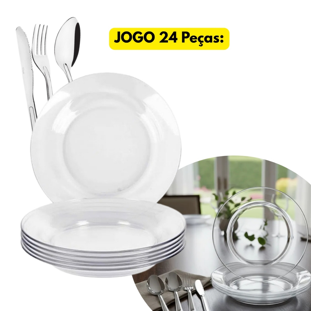 Jogo Aparelho Jantar 24 Peças Vidro Inox 06 Prato Astral Fundo Duralex + 18 Talheres Oriente Luxo