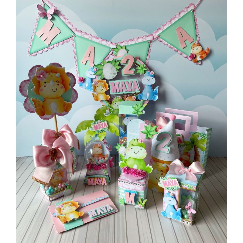 Personalizados infantil para mesa e lembrancinhas Dinossauros Menina Rosa Aquarela