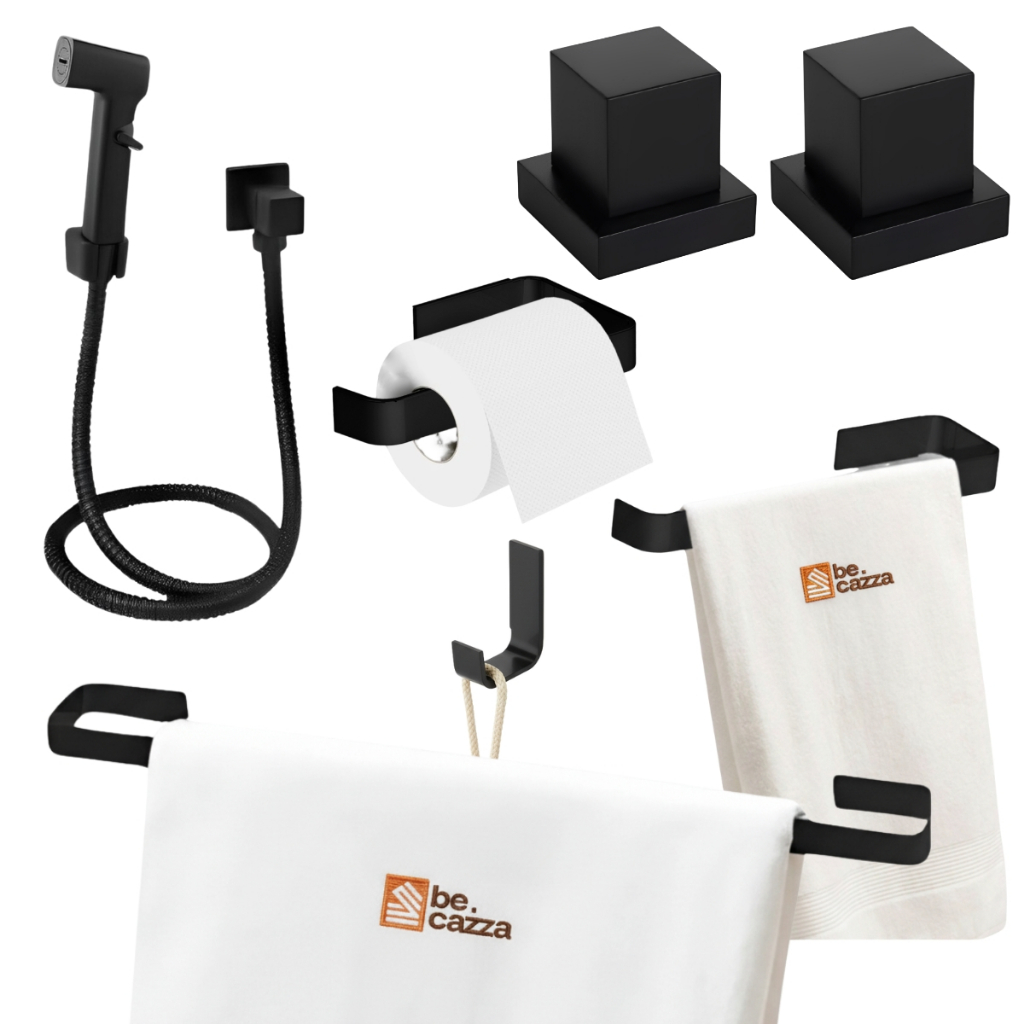 Jogo de Acessórios Para Banheiro Quadrado Preto Fosco + 1 Ducha Higiênica + 2 Acabamento Padrão Deca em Oferta na Shopee