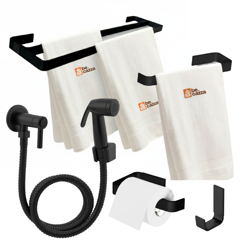 Kit Acessórios Banheiro com Toalheiro Duplo Preto Fosco Super Luxo + Ducha Higiê