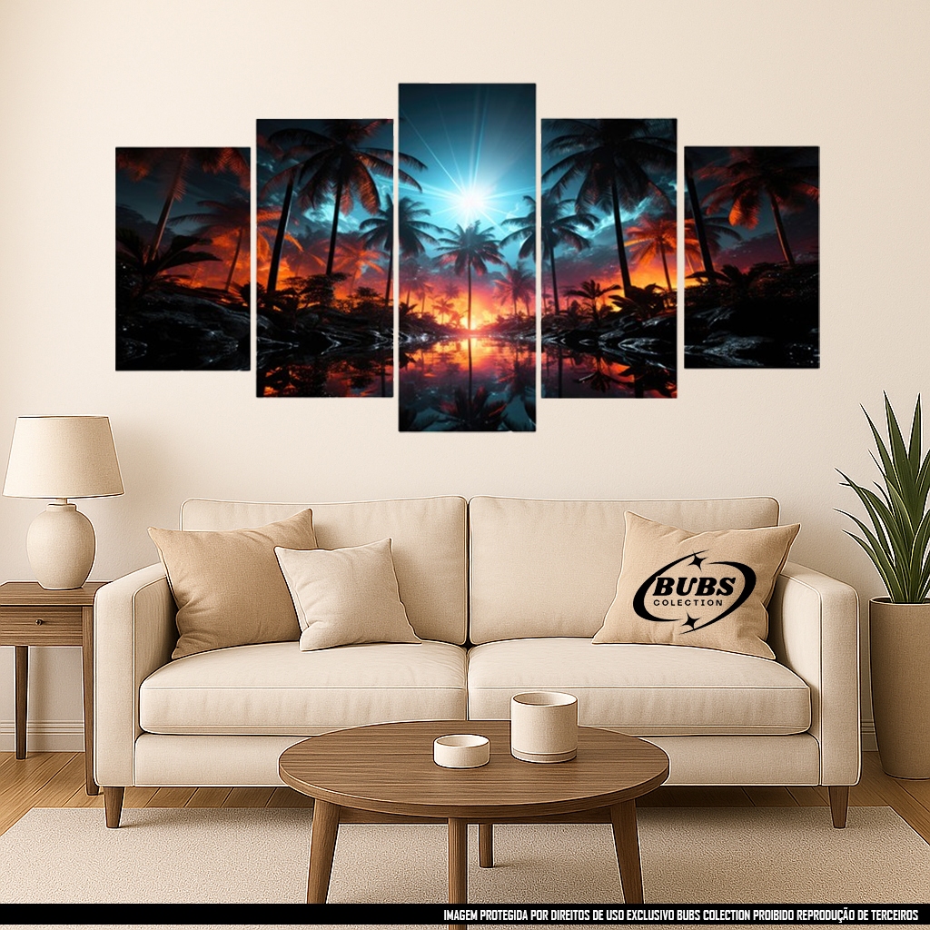 Quadro Decorativo 5 Peças Mosaico Paisagem Sol Coqueiro Quarto Sala Luxo