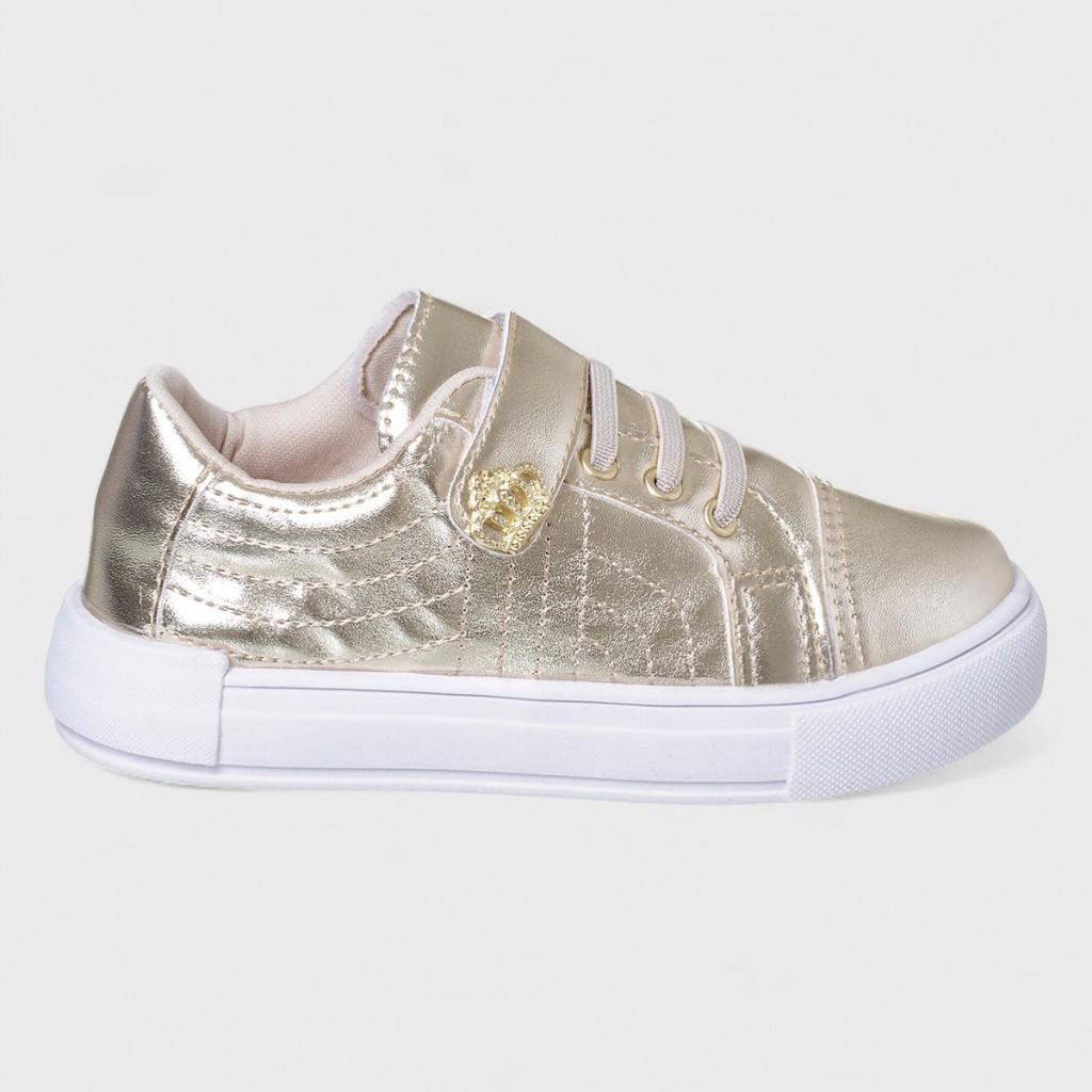Tênis Infantil Feminino Calce Fácil Fechamento Duplo Dourado Brilhante Coroa Sapato Menina em Oferta na Shopee