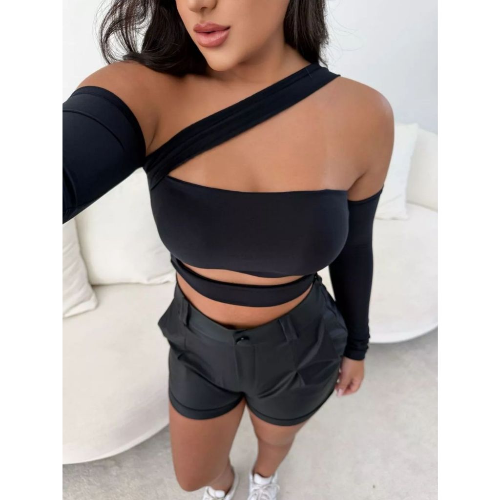 Cropped Feminino Com Bojo Livia Recorte Manga Longa Moda Feminina Moda Blogueira