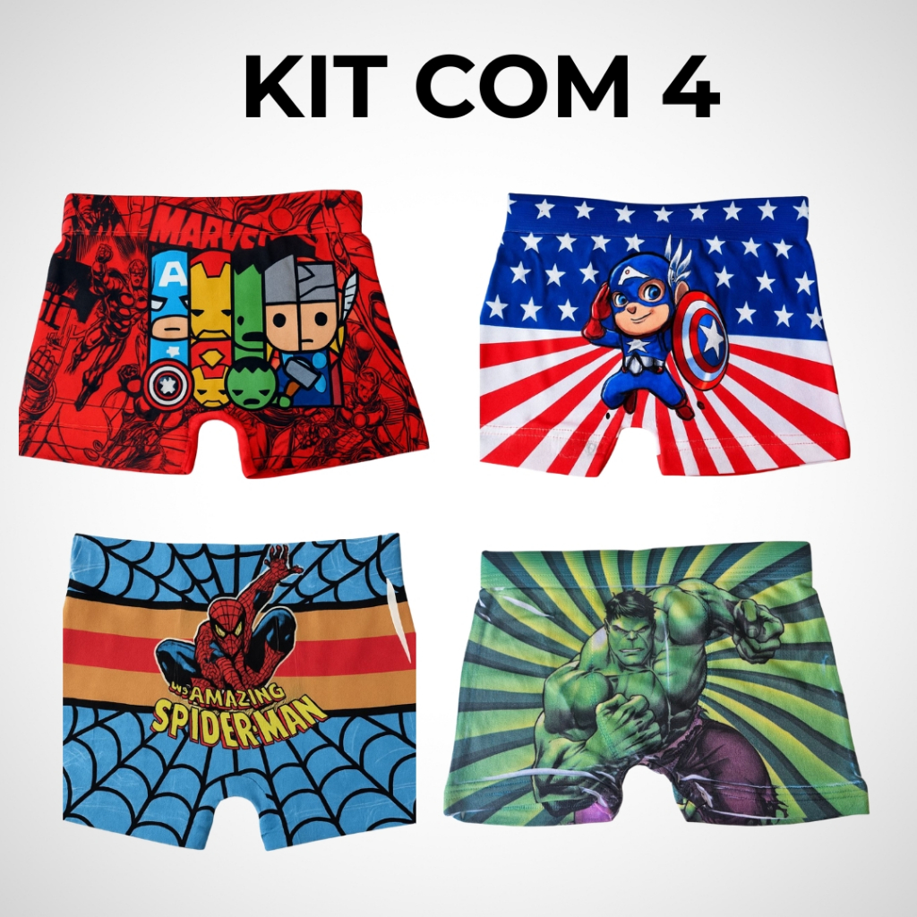 Kit com 4 Cuecas Infantil Boxer Box Menino Infantil Estampado Personagens Microfibra