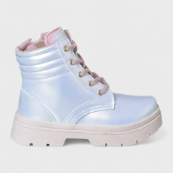 Bota Coturno Infantil Menina Confortável Original Branco Holográfico Botinha Blogueira