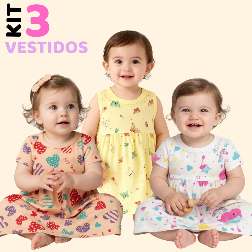 Kit com 3 Vestidos Estampado para Bebê Calor Verão - P/M/G/GG