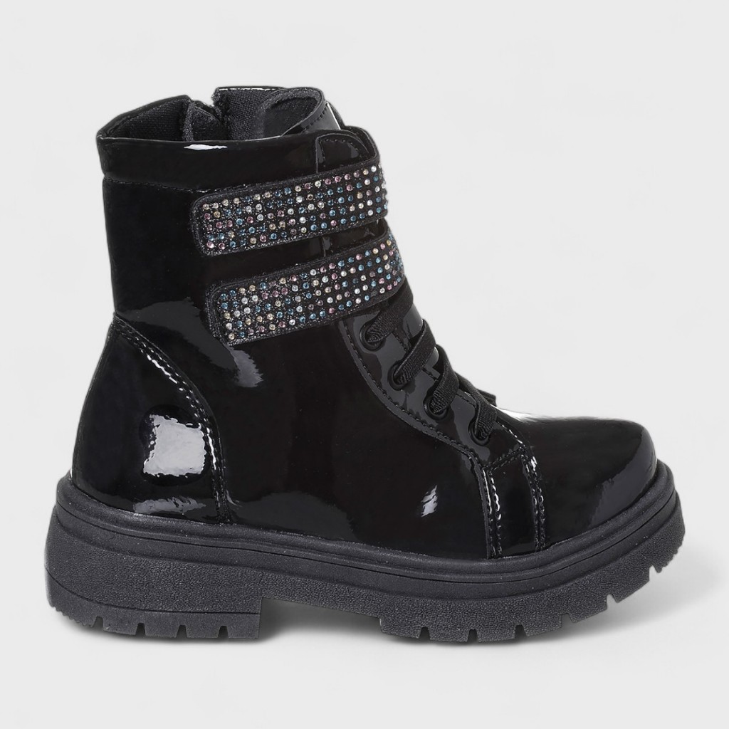 Bota Coturno Infantil Menina Fechamento Duplo Strass Preto Verniz Tratorada