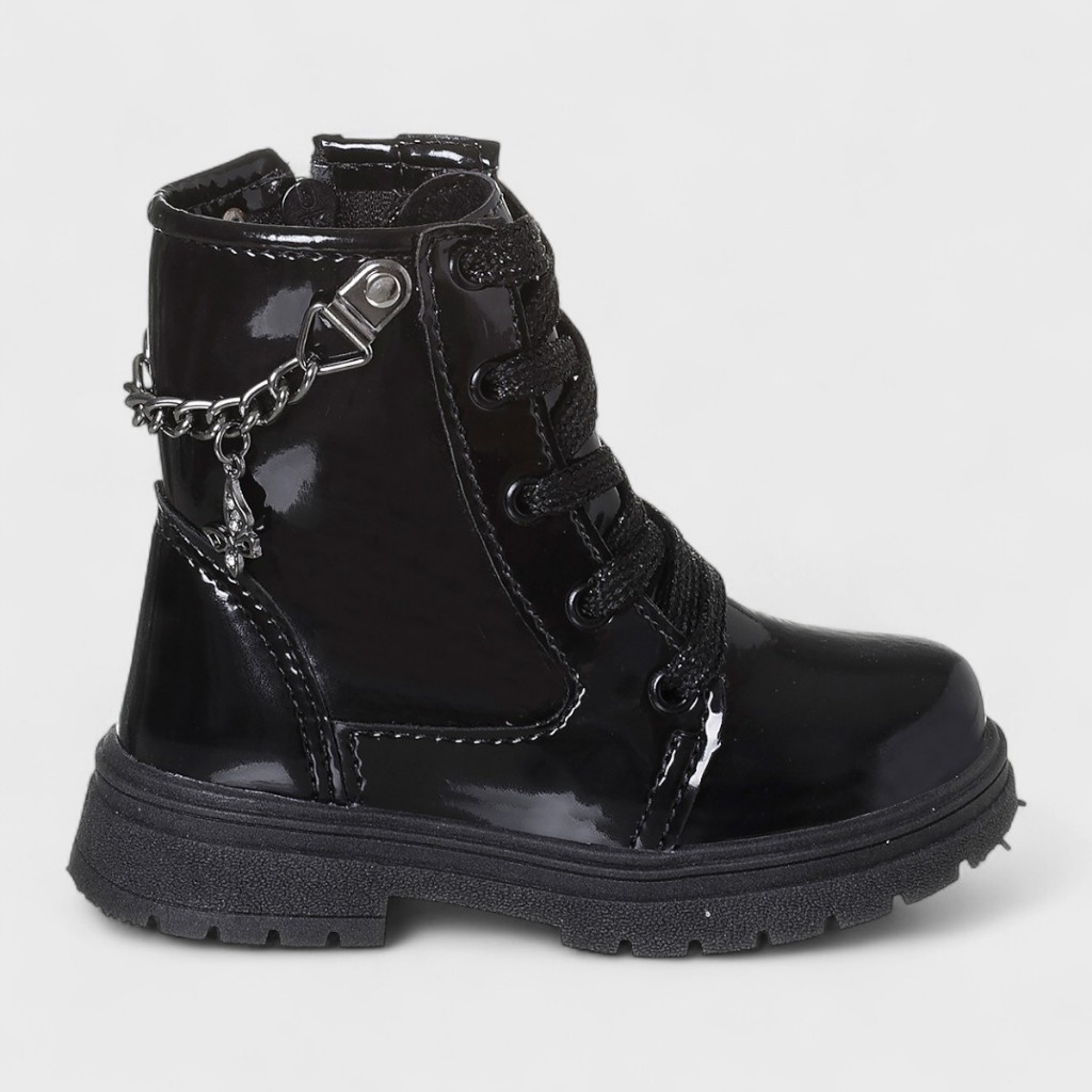 Bota Infantil Meninas Coturno Corrente Pingente Borboleta Preto Verniz Original Confortável