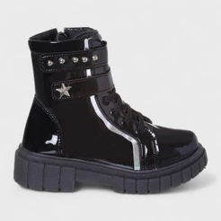 Bota Infantil Coturno Menina Com Fechamento Duplo Confortável Original Preto Verniz