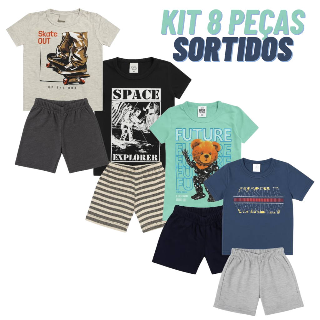Kit 8 Peças Conjunto  Infantil Masculino Menino Verão 4 camisetas e 4 Shorts 4 ao14 SORTIDO