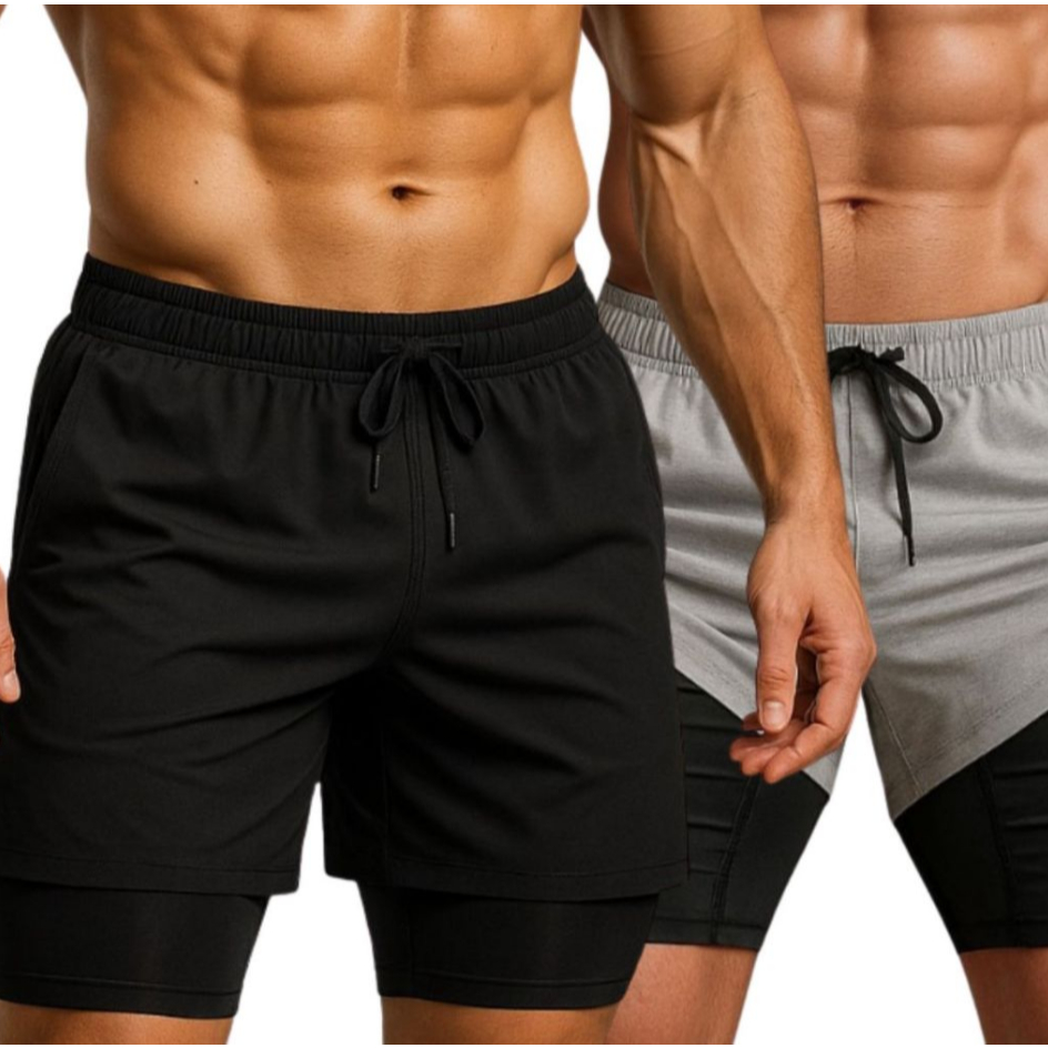 Kit 2 Shorts Masculino 2 Em 1 Dry Fit Academia Bolso Interno Para Celular Treino Preço de Fábrica