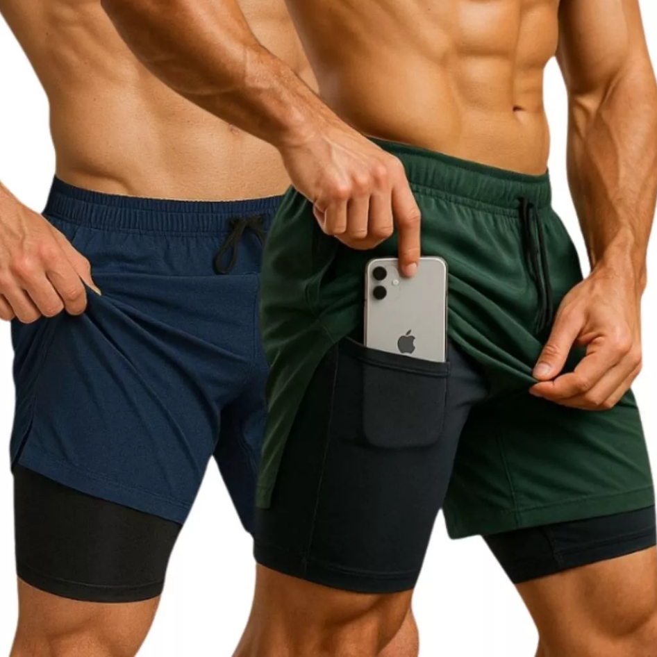 Kit 2 Shorts Esportivo 2 Em 1 Duplo Compressão Masculino Academia Corrida Run Alta Performance