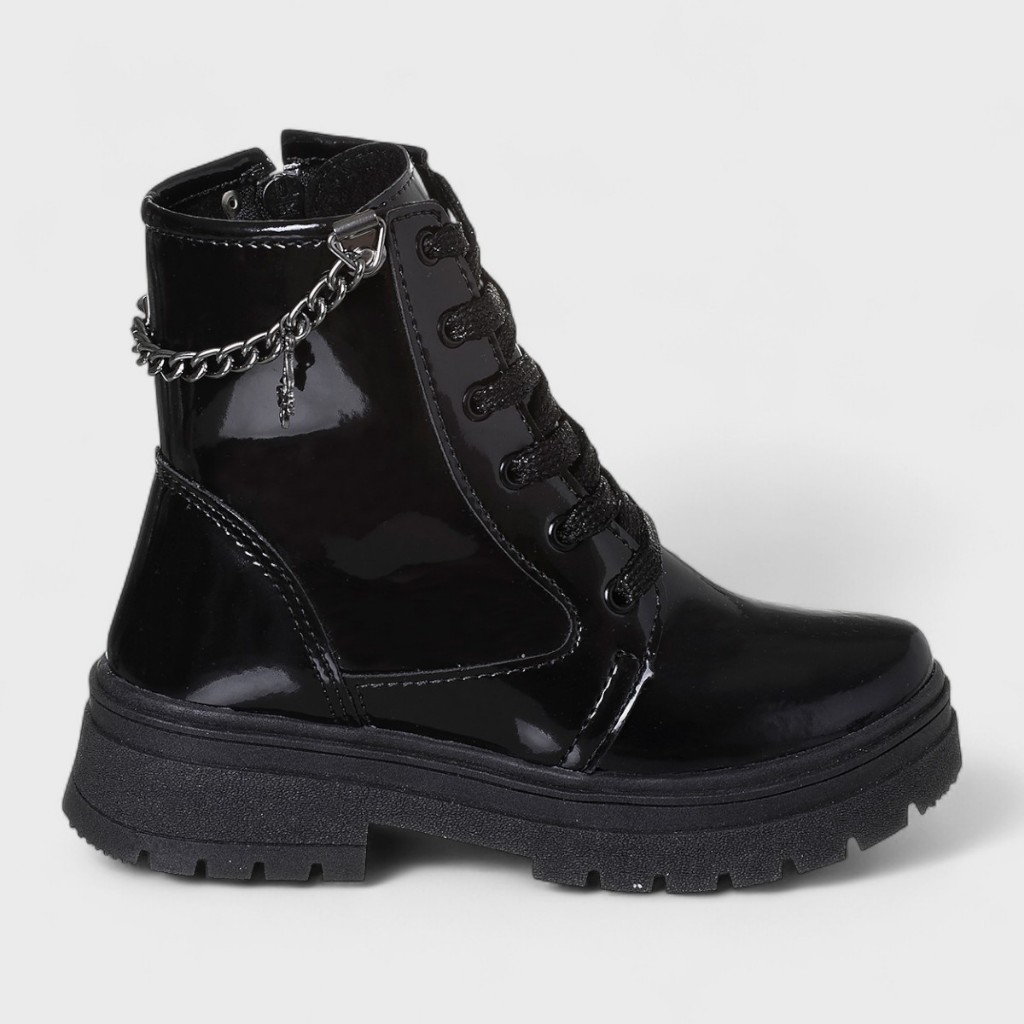 Bota Coturno Infantil Feminina Meninas Corrente Pingente Borboleta Preto Verniz Original em Oferta na Shopee