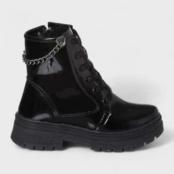 Bota Coturno Infantil Feminina Meninas Corrente Pingente Borboleta Preto Verniz Original
