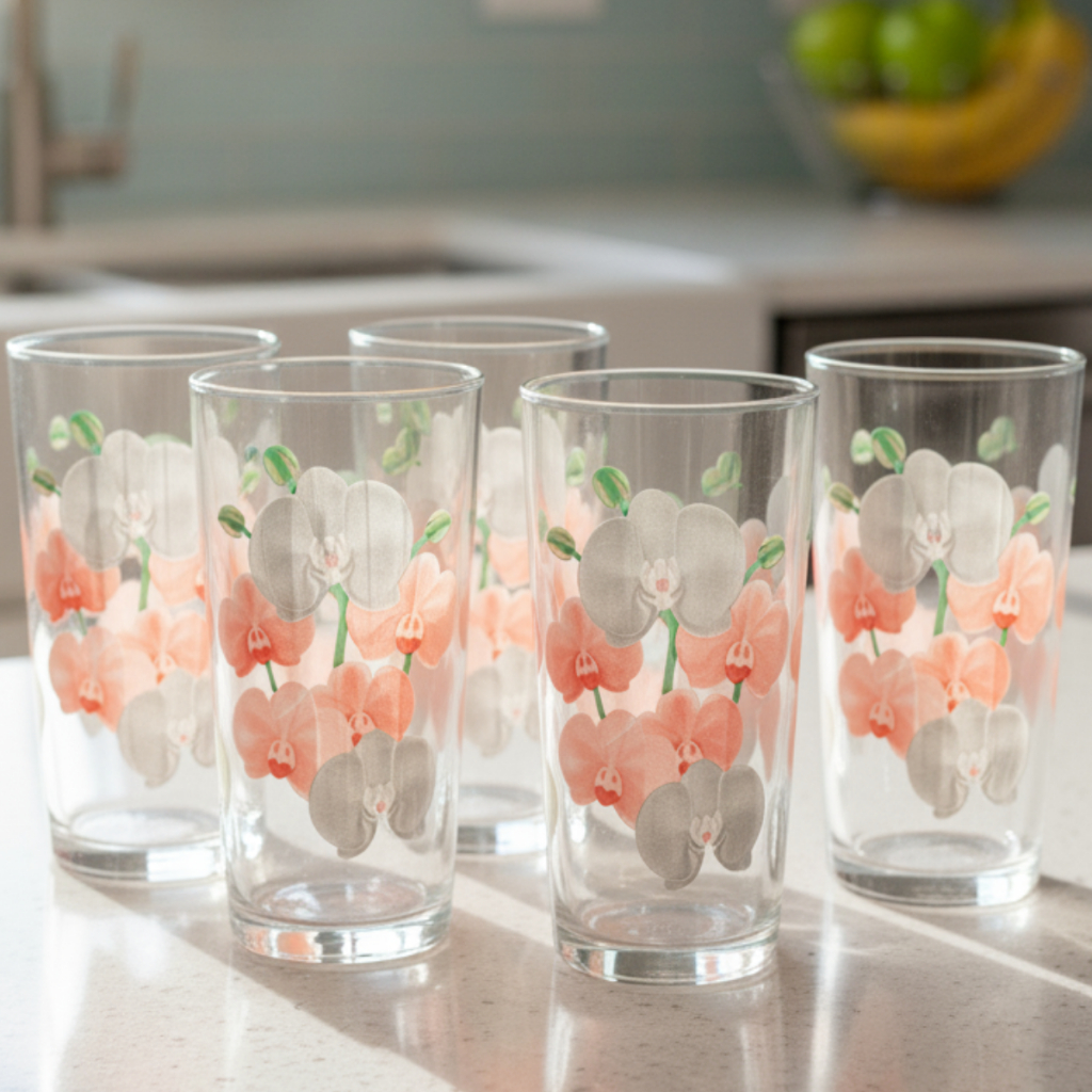 Jogo Copos de Vidro Long Drink Flores Orquídeas Multiuso Unidades Peças 225ml Ruvolo