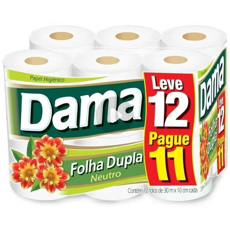 Papel Higiênico Dama Folha Dupla 12 Rolos de 30 Metros Super Macio Papel Higiênico Dama Folha Dupla 12 Rolos de 30 Metros Super Macio