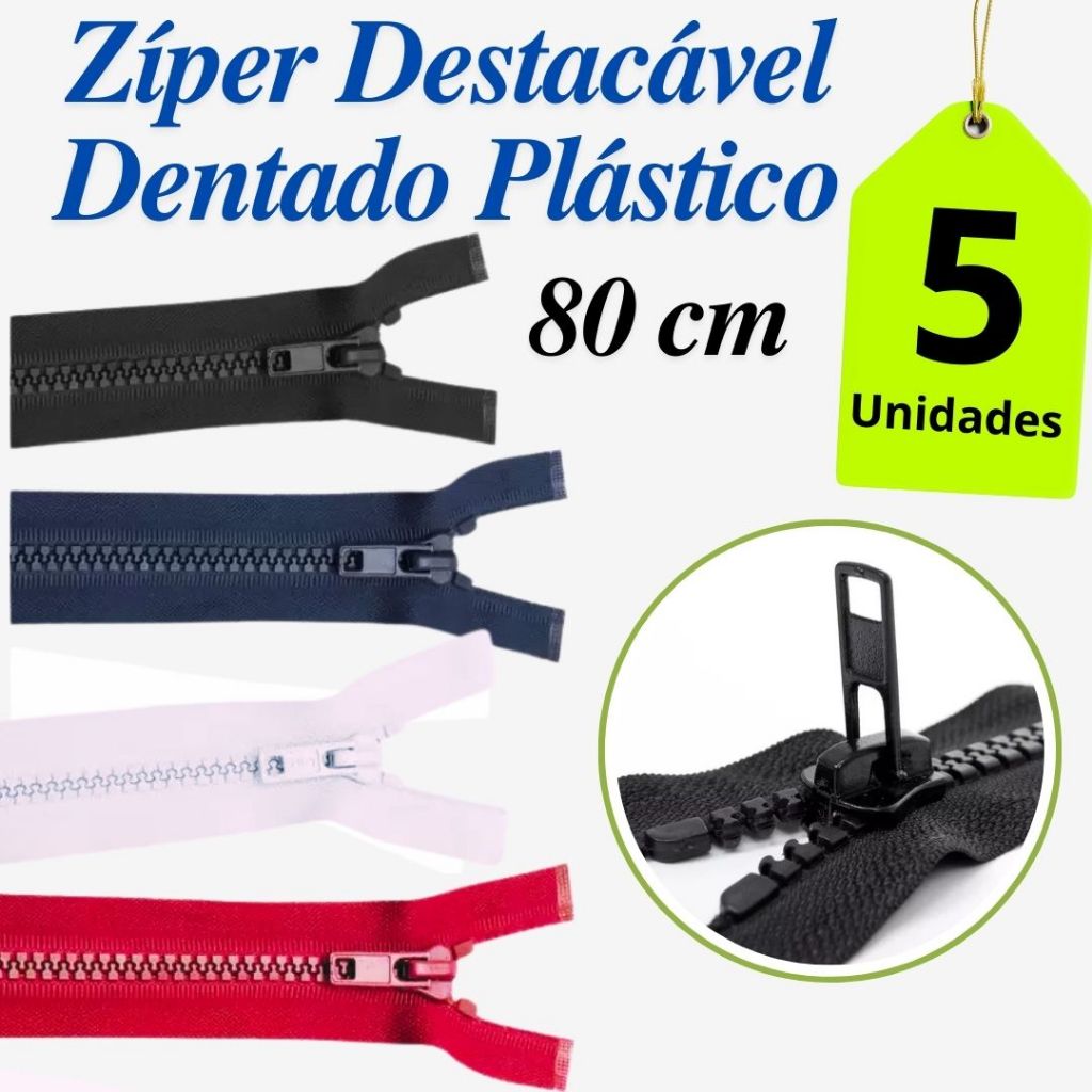 Zíper Plástico Dentado  Destacável 5mm - 80cm 5 UNIDADES -PARA JAQUETA em Oferta na Shopee
