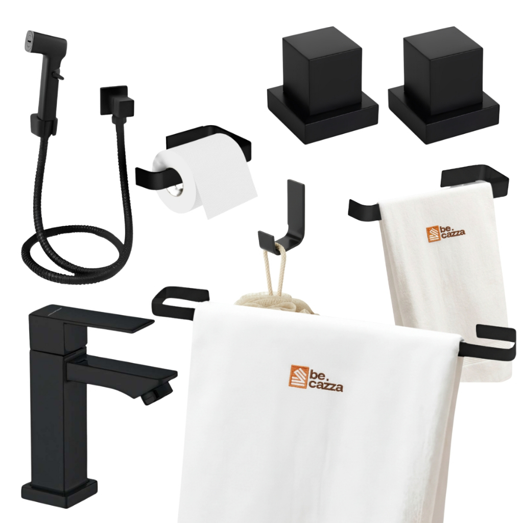 Kit de Acessórios Banheiro Preto Completo + 1 Ducha + 2 Acabamento 3/4 Registro Deca + Torneira