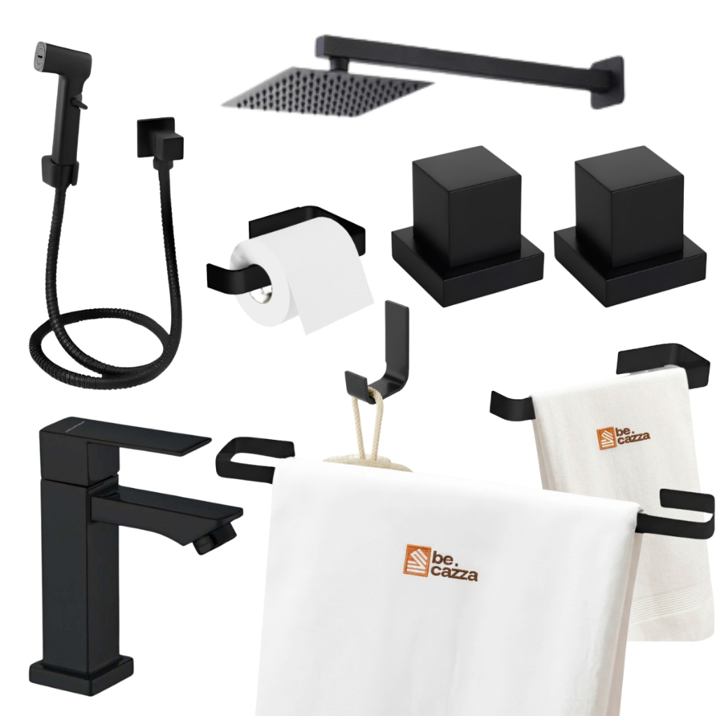 Kit Preto Banheiro Preto Fosco Completo com Chuveiro Inox + Torneira + Duicha e Acabamento Deca