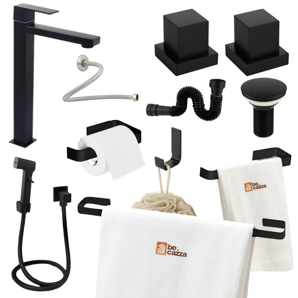 Kit Acessórios Banheiro Completo + Torneira Bica Alta + Kit Instalação e Acabame