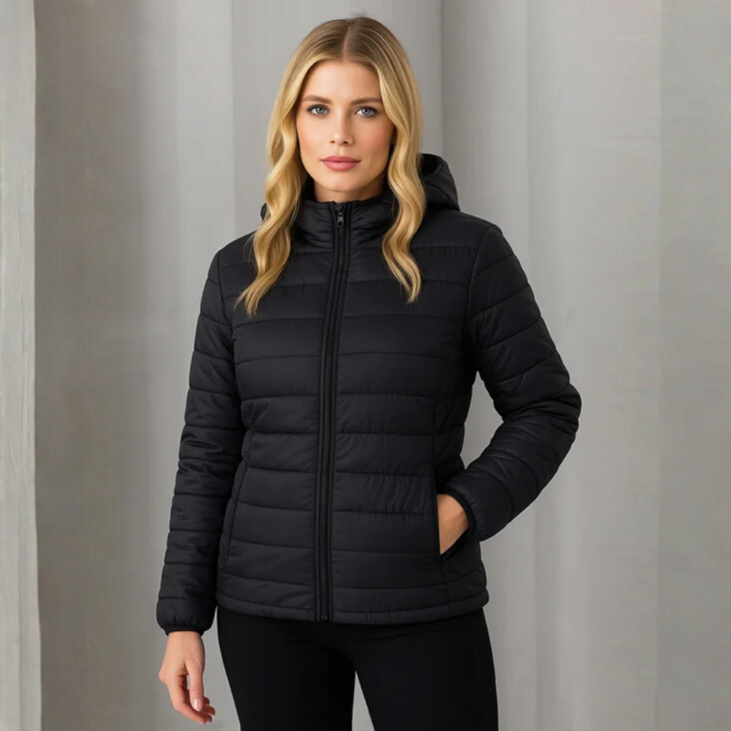 Jaqueta Feminina Corta Vento Puffer Impermeável com Capuz Removível Bolso Interno Esportivo