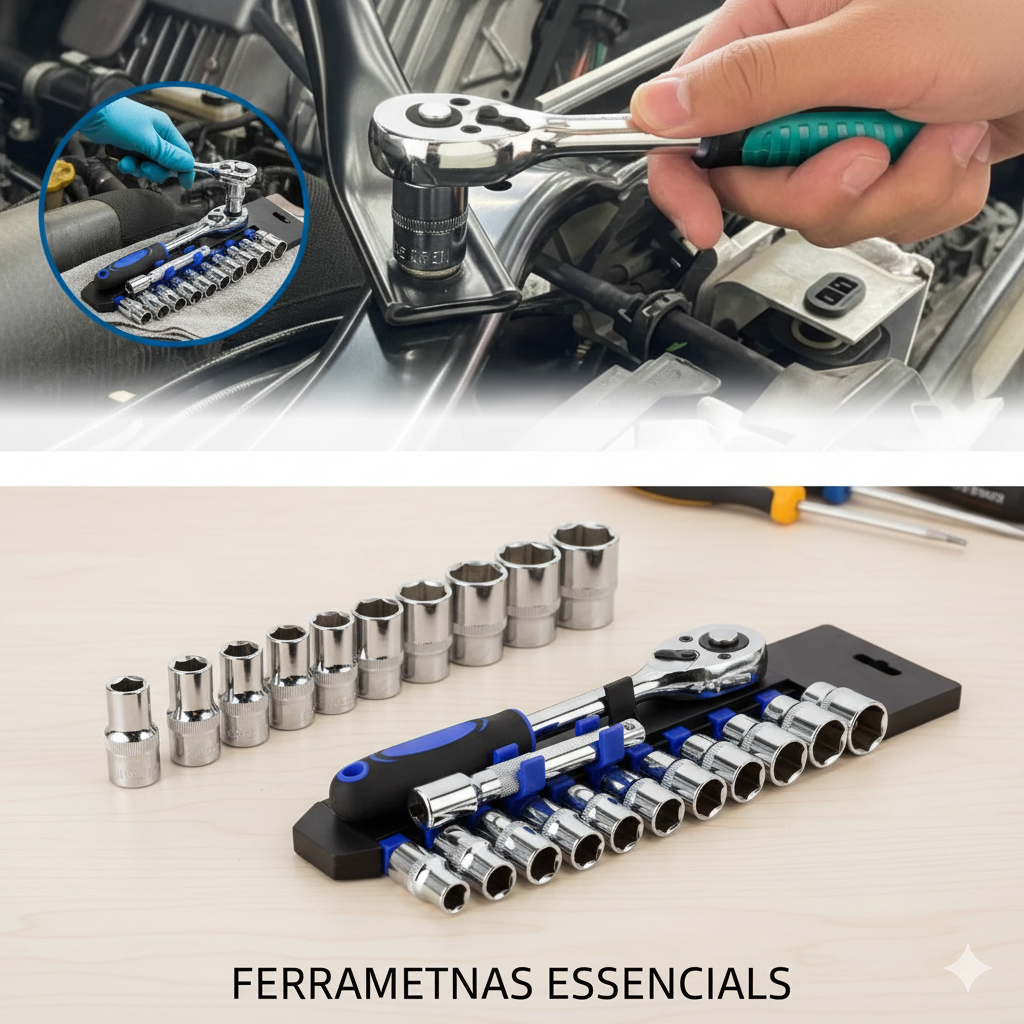 Jogo De Soquete Sextavado 1/4 Catraca 12 Peças 4 a 13mm com Extensão Kit Chave Soquete Canhão Bits