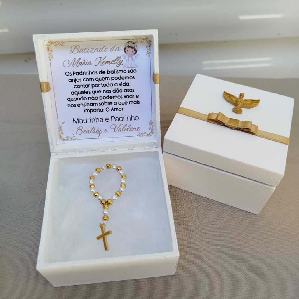 Caixa Personalizada MDF Com Mini Terço Ideal Para Batizado, Convite Para Padrinhos e Lembrancinhas