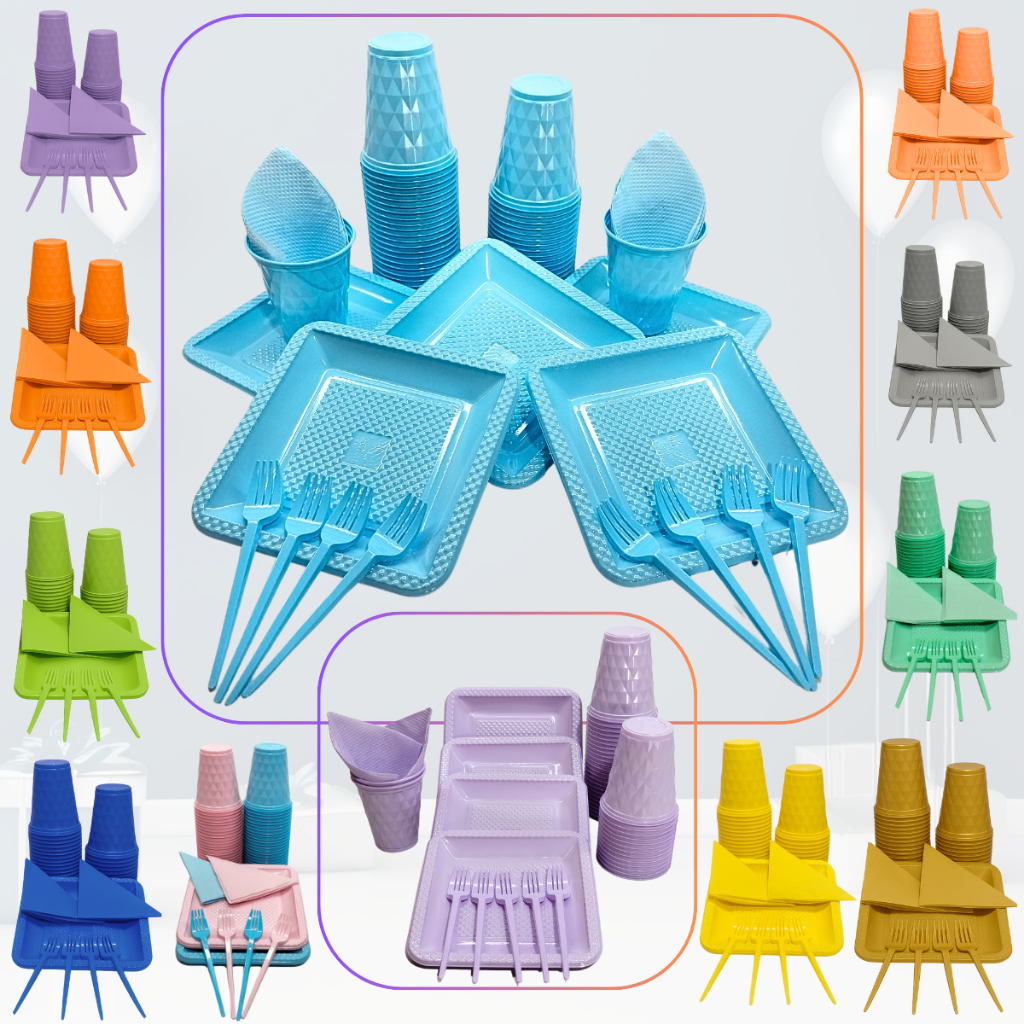 420 Itens Descartáveis Para Festa Aniversário Completo 100 pessoas Pratos Copos Guardanapo Garfinhos