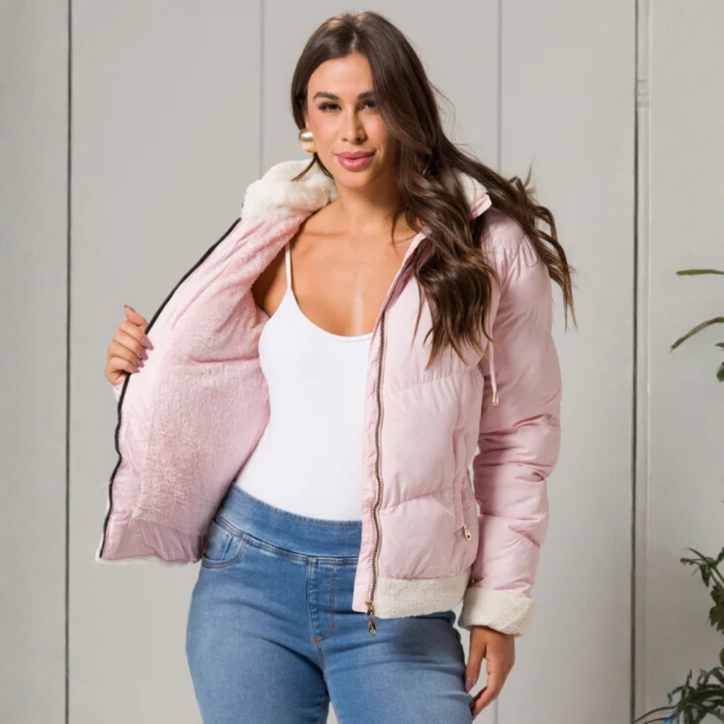 Jaqueta Feminina Puffer Peluciada Bobojaco Nylon Impermeável Casaco Frio Forrado Bolsos Pelinhos