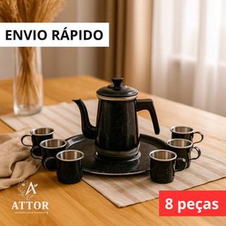 KIT CAFE 8 PEÇAS BULE N8 6 XICARAS 1 BANDEJA ALUMINIO RETRO VINTAGE RUSTICO CANTINHO DO CAFE JOGO 2 EM 1 DECORAÇÃO
