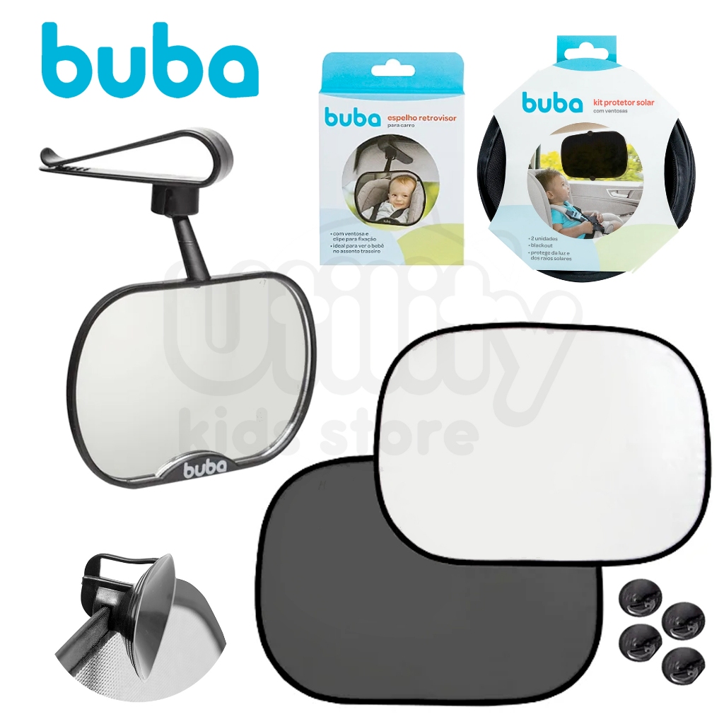 Kit Espelho Retrovisor e 2 Protetor Solar bebê Carro proteção Ventosa Buba