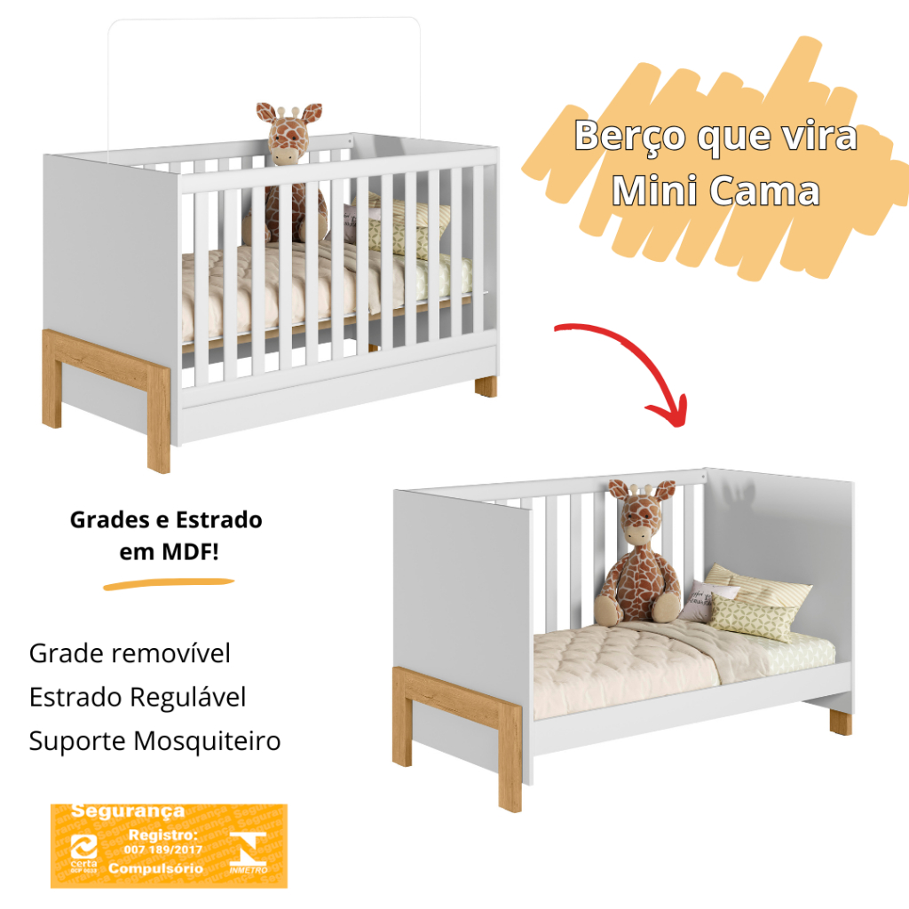 Detalhes do Berço 2 em 1 Americano Fantasia Vira Cama Com Grade De Proteção